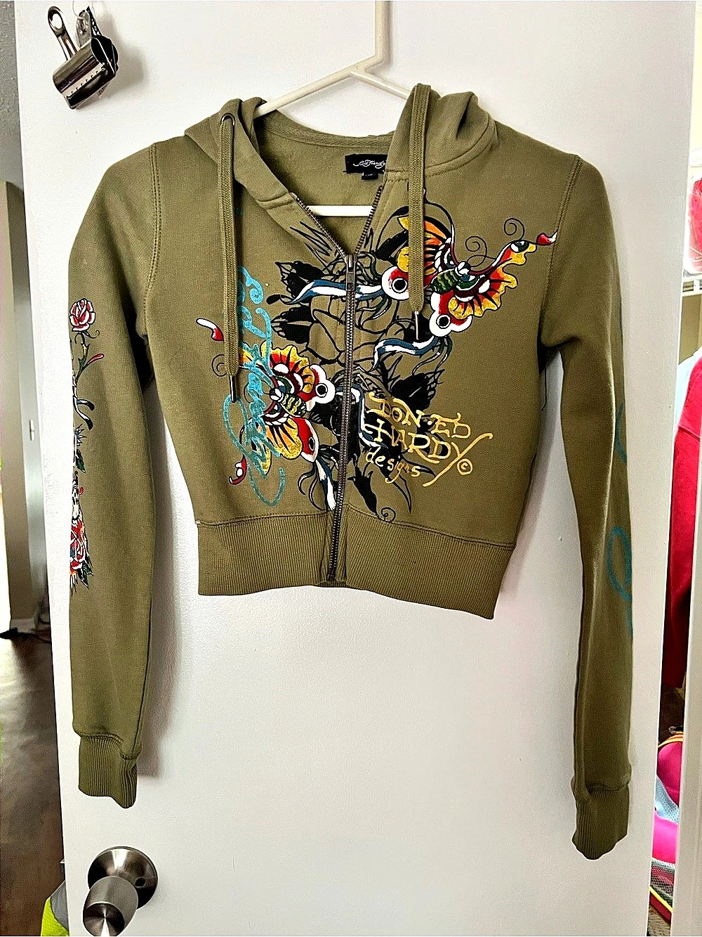 Ed Hardy Graphic Cropped Hoodie in Green Size XS Like New